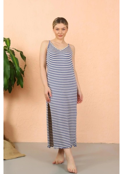 Moda Kadın Ip Askılı Yırtmaçlı Uzun Mavi Gecelik