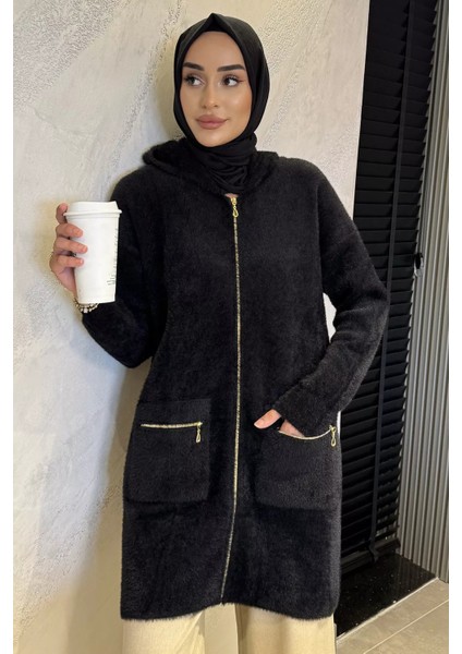 Çift Cepli Kapüşonlu Sakallı Tesettür Triko Ceket (S-M-L-Xl Beden Uyumludur.) P-00018072