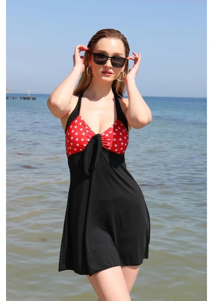 Moda Kadın Likralı Şortlu Fiyonklu Elbise Mayo Kırmızı