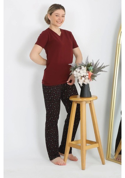 Moda Kadın Kısa Kol Pamuk Penye Pijama Takım Bordo modelleri