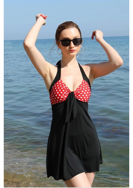 Moda Kadın Likralı Şortlu Fiyonklu Elbise Mayo Kırmızı