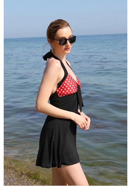 Moda Kadın Likralı Şortlu Fiyonklu Elbise Mayo Kırmızı modelleri