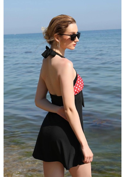 Moda Kadın Likralı Şortlu Fiyonklu Elbise Mayo Kırmızı indirimleri