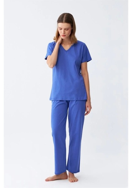 Moda Kadın Kısa Kol Pamuk Penye Pijama Takım Saks