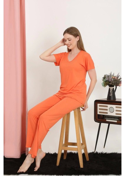 Moda Kadın Kısa Kol Pamuk Penye Pijama Takım Turuncu fiyatları