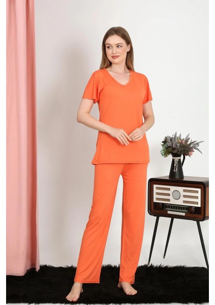 Moda Kadın Kısa Kol Pamuk Penye Pijama Takım Turuncu indirimleri