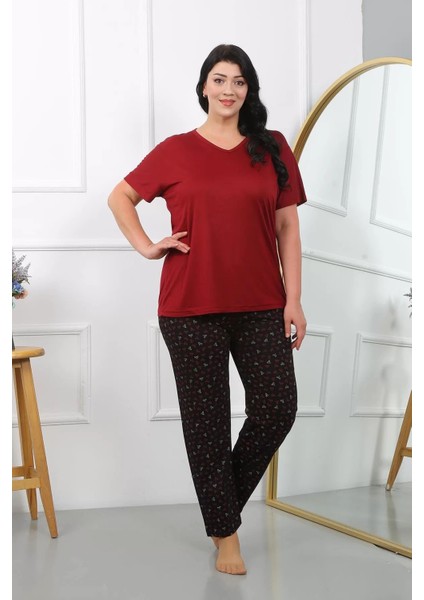 Moda Kadın Büyük Beden Kısa Kol Penye Pijama Takımı Bordo indirimleri