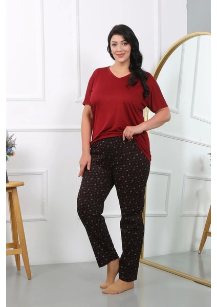 Moda Kadın Büyük Beden Kısa Kol Penye Pijama Takımı Bordo