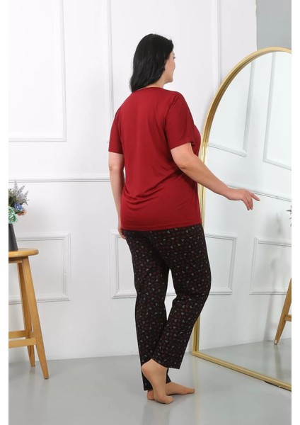 Moda Kadın Büyük Beden Kısa Kol Penye Pijama Takımı Bordo