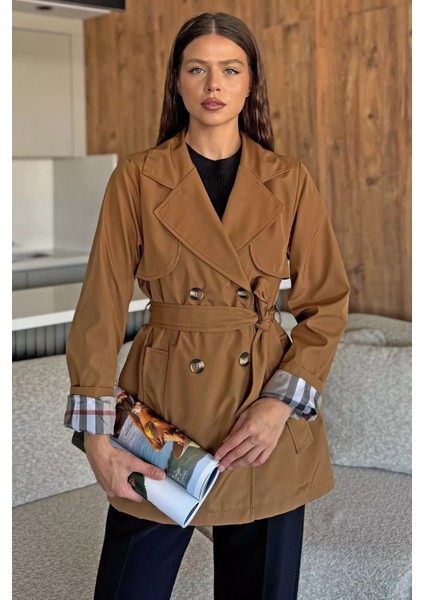 Kadın Ön Düğmeli Bel Kuşaklı Trençkot P-00018017