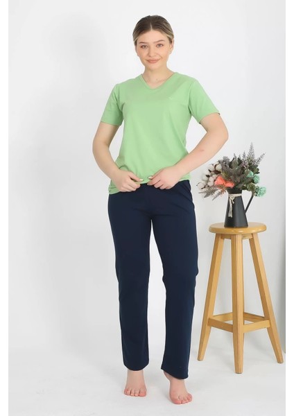 Moda Kadın Kısa Kol Pamuk Penye Pijama Takım Fıstık Yeşili fırsatları