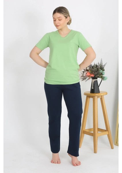 Moda Kadın Kısa Kol Pamuk Penye Pijama Takım Fıstık Yeşili