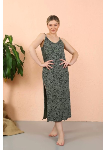 Moda Kadın Ip Askılı Yırtmaçlı Uzun Haki Gecelik