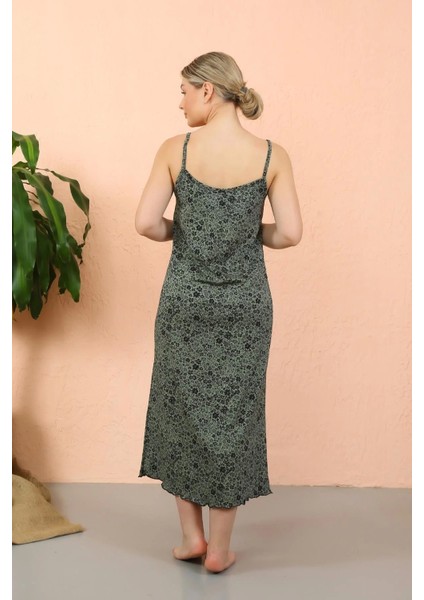 Moda Kadın Ip Askılı Yırtmaçlı Uzun Haki Gecelik modelleri