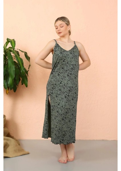 Moda Kadın Ip Askılı Yırtmaçlı Uzun Haki Gecelik fırsatları