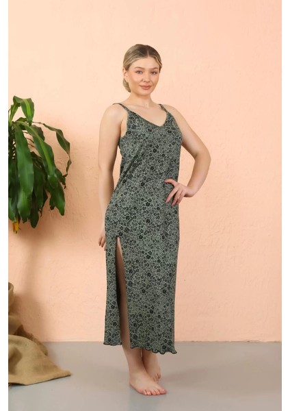 Moda Kadın Ip Askılı Yırtmaçlı Uzun Haki Gecelik indirimleri