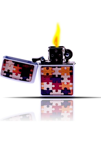Puzzle Desenli Beyaz Benzinli Çakmak