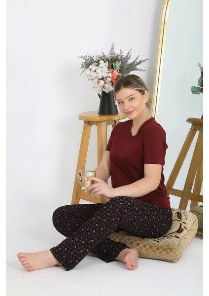 Moda Kadın Kısa Kol Pamuk Penye Pijama Takım Bordo fırsatları