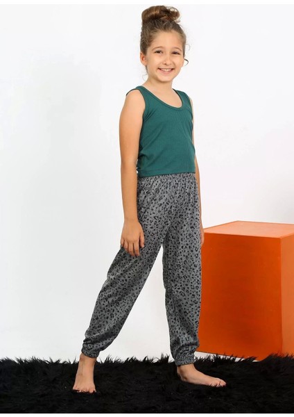 Moda Kız Çocuk Sıfır Kol Zümrüt Yeşili Penye Pijama Takım