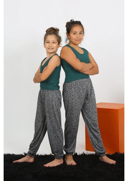 Moda Kız Çocuk Sıfır Kol Zümrüt Yeşili Penye Pijama Takım modelleri