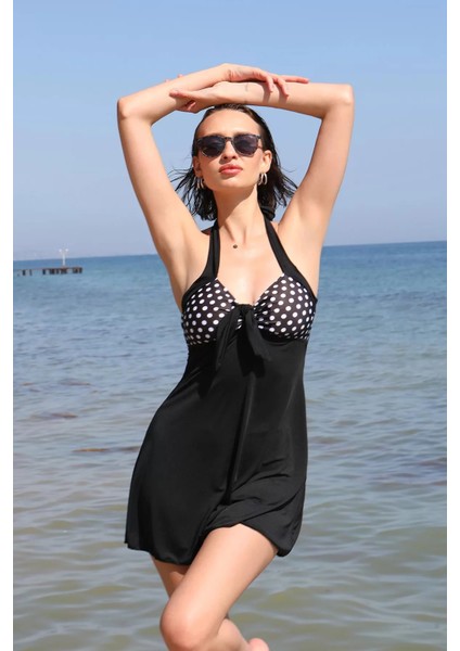 Moda Kadın Likralı Şortlu Fiyonklu Elbise Mayo Siyah modelleri