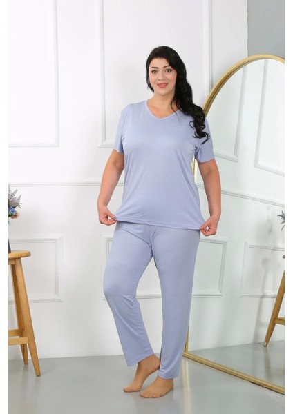Moda Kadın Büyük Beden Kısa Kol Penye Pijama Takımı Lila