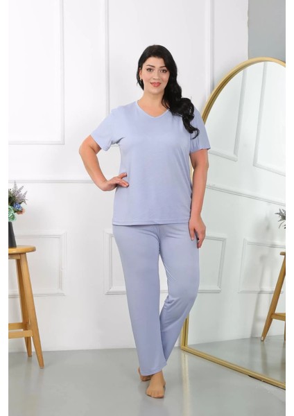 Moda Kadın Büyük Beden Kısa Kol Penye Pijama Takımı Lila modelleri