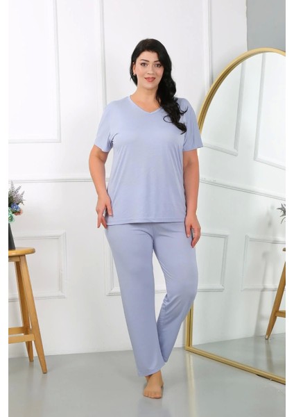 Moda Kadın Büyük Beden Kısa Kol Penye Pijama Takımı Lila indirimleri