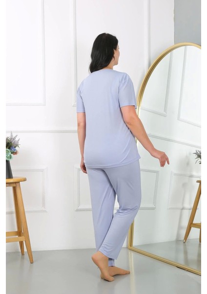 Moda Kadın Büyük Beden Kısa Kol Penye Pijama Takımı Lila