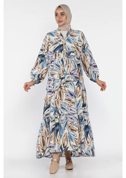 Desenli Ön Düğmeli Mevsimlik Tesettür Elbise P-00018177