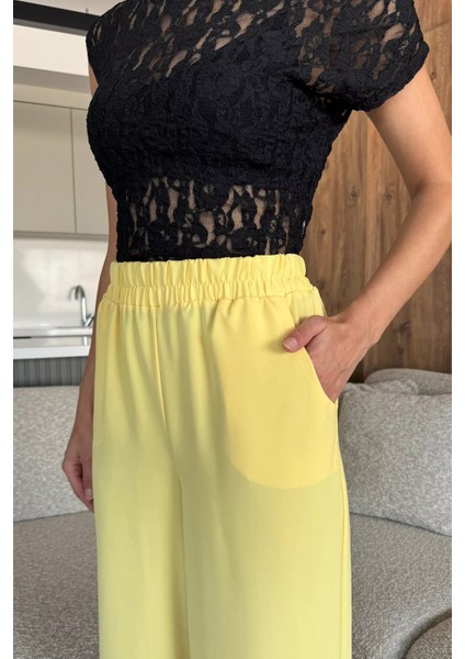 Kadın Bol Paça Bel Lastikli Kumaş Pantolon P-00018018 fırsatları