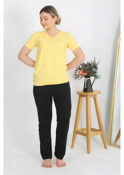 Moda Kadın Kısa Kol Pamuk Penye Pijama Takım Sarı