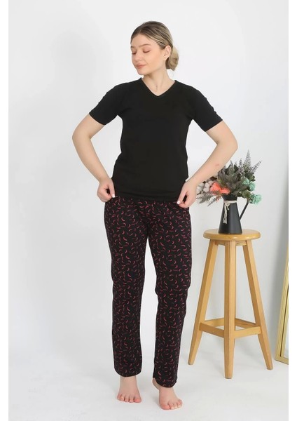 Moda Kadın Kısa Kol Pamuk Penye Pijama Takım Siyah