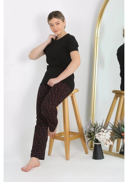 Moda Kadın Kısa Kol Pamuk Penye Pijama Takım Siyah fiyatları