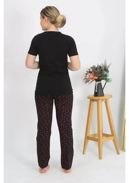 Moda Kadın Kısa Kol Pamuk Penye Pijama Takım Siyah fırsatları