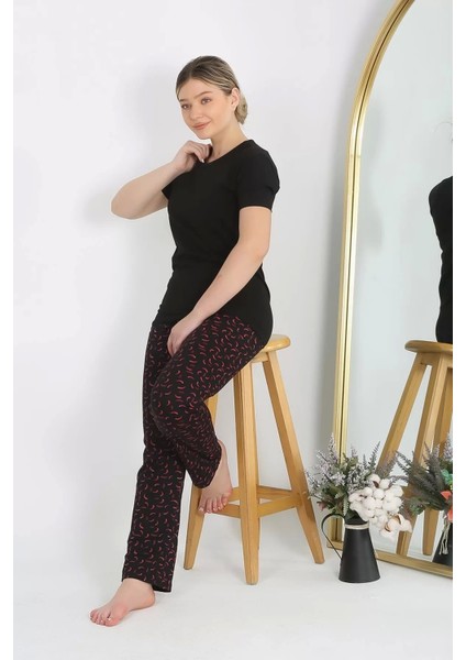 Moda Kadın Kısa Kol Pamuk Penye Pijama Takım Siyah indirimleri