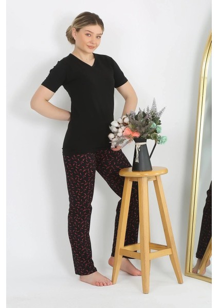 Moda Kadın Kısa Kol Pamuk Penye Pijama Takım Siyah