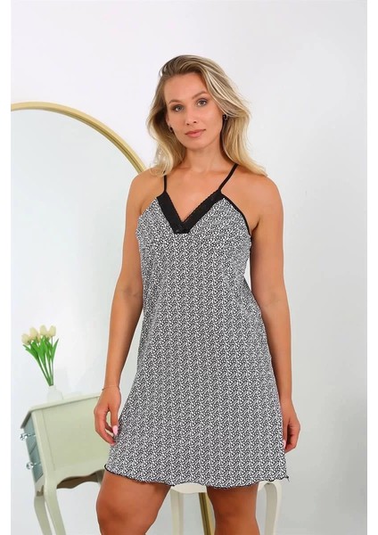 Moda Kadın Pamuk Ip Askılı Desenli Büyük Beden Gecelik Beyaz fiyatları