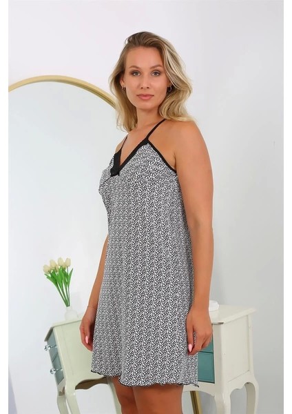 Moda Kadın Pamuk Ip Askılı Desenli Büyük Beden Gecelik Beyaz modelleri