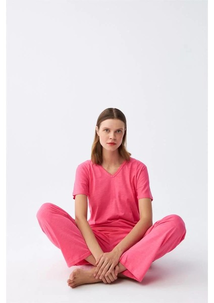 Moda Kadın Kısa Kol Pamuk Penye Pijama Takım Fuşya fiyatları