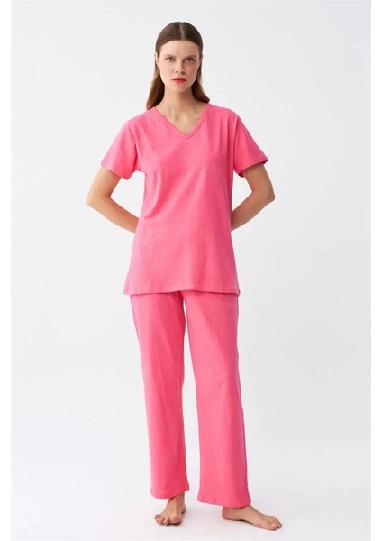 Moda Kadın Kısa Kol Pamuk Penye Pijama Takım Fuşya fırsatları