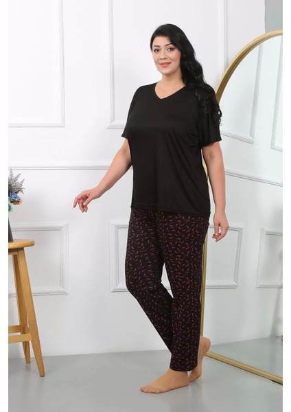 Moda Kadın Büyük Beden Kısa Kol Penye Pijama Takımı Siyah