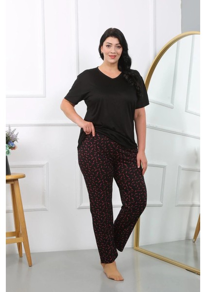 Moda Kadın Büyük Beden Kısa Kol Penye Pijama Takımı Siyah fırsatları