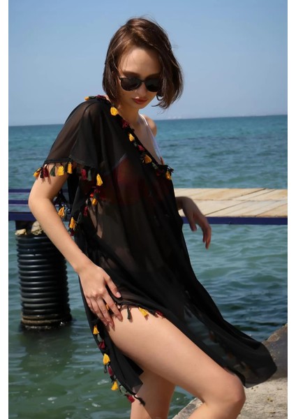 Moda Kadın Işlemeli Tunik Pareo Plaj Elbisesi Siyah fiyatları