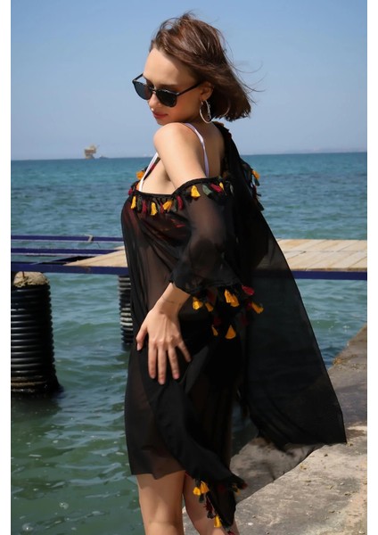 Moda Kadın Işlemeli Tunik Pareo Plaj Elbisesi Siyah modelleri