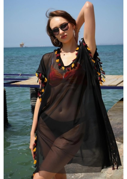 Moda Kadın Işlemeli Tunik Pareo Plaj Elbisesi Siyah