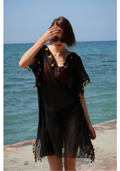 Moda Kadın Işlemeli Tunik Pareo Plaj Elbisesi Siyah