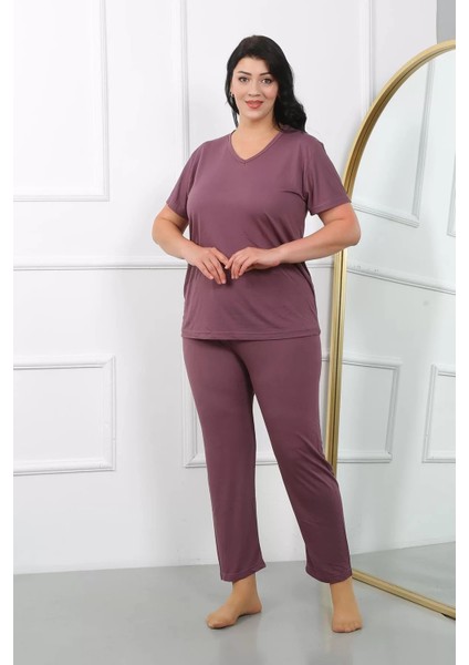 Moda Kadın Büyük Beden Kısa Kol Penye Pijama Takımı Mürdüm fiyatları