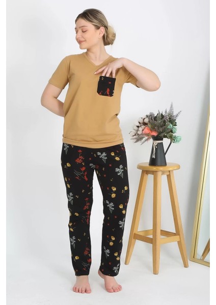 Moda Kadın Kısa Kol Pamuk Penye Pijama Takım Hardal fiyatları