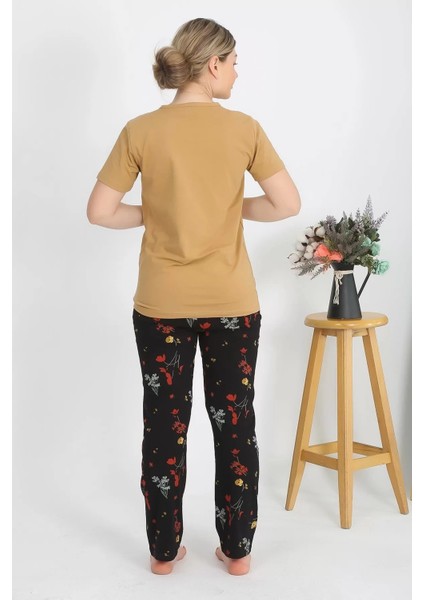 Moda Kadın Kısa Kol Pamuk Penye Pijama Takım Hardal fırsatları